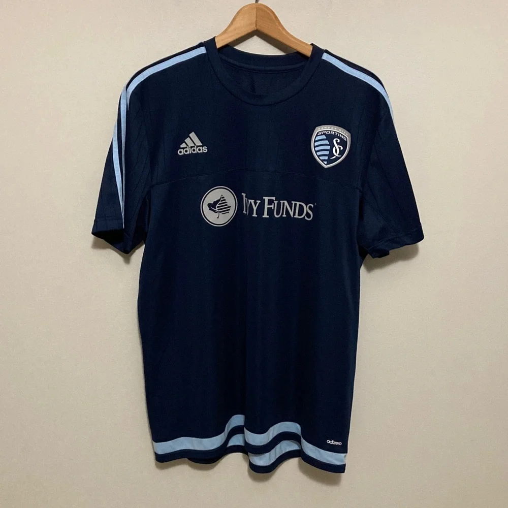 Sporting KC Adidas Dark Blue Soccer Jersey with Light Blue Stripes, Size XL